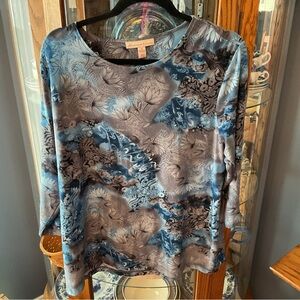 JM Collection Blue and Gray Floral-Print 3/4Sleeve Top 2x
